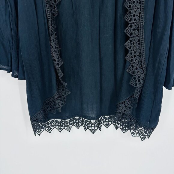 🔥SOLD🔥Moral Fiber Black Lace Scalloped Hem Open Front Flare Sleeve Cardigan  L - Picture 3 of 10